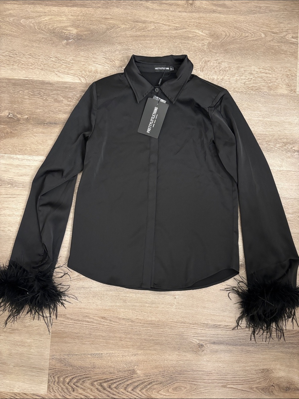 NWT PrettyLittleThing Black Feather Cuff Satin Blouse